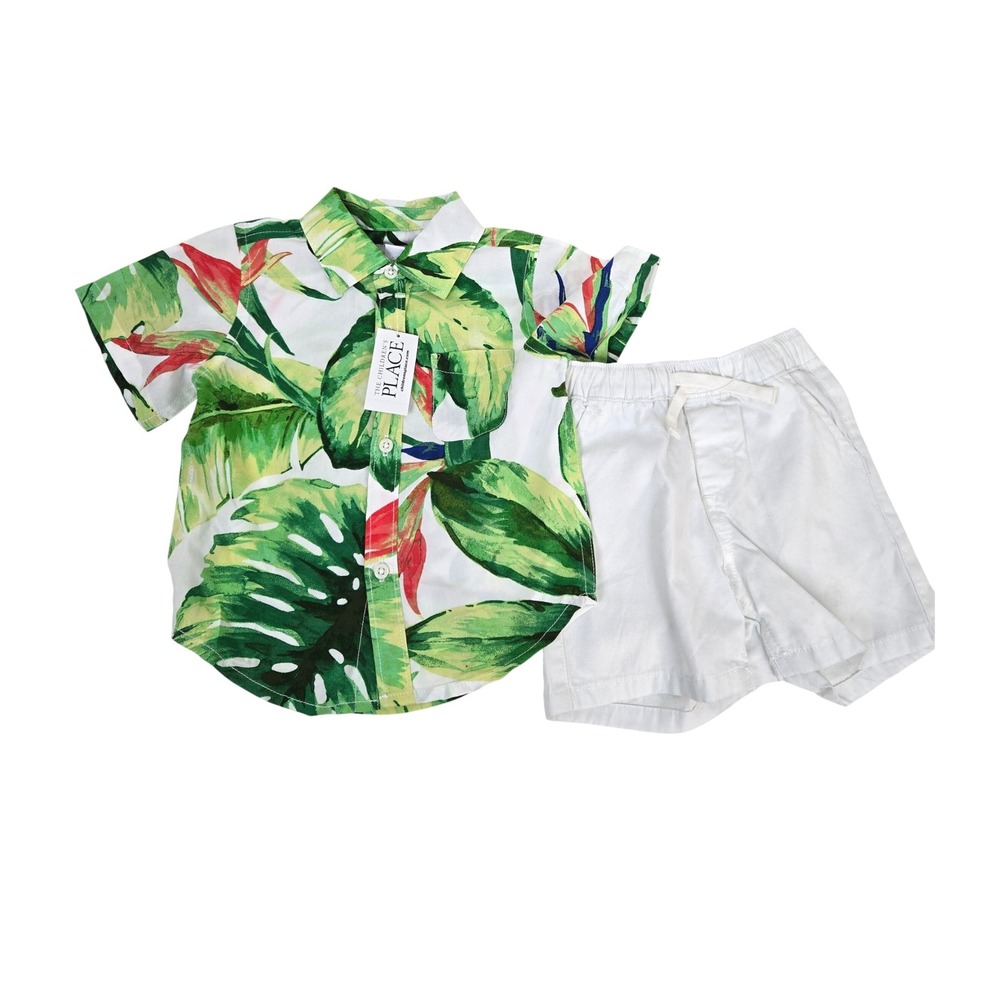 Childrens Place Baby Boy Tropical Poplin Button Up Shirt White Shorts Set 9-12Mo